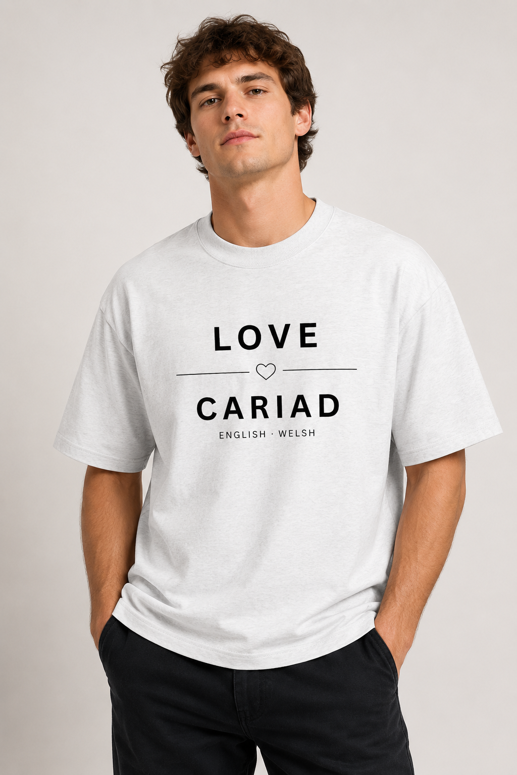 Organic 100% Cotton Oversized T-Shirt Love Cariad Unisex Beige