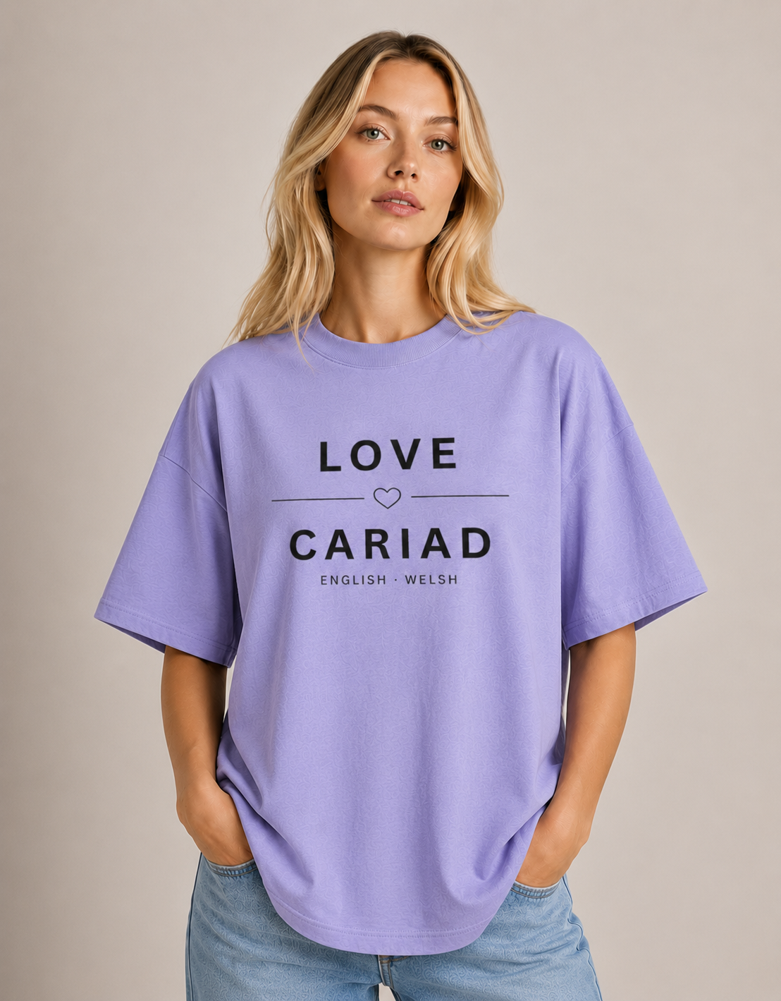 Organic 100% Cotton Oversized T-Shirt Love Cariad Unisex Beige